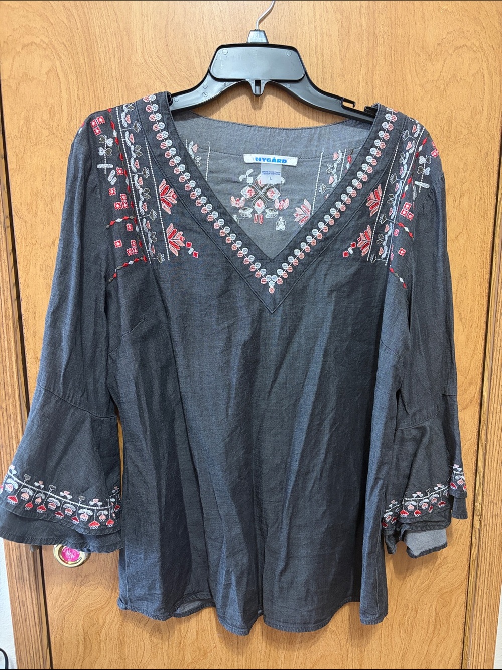 Peter Nygard Black Embroidered V-Neck Blouse with Pink Accents